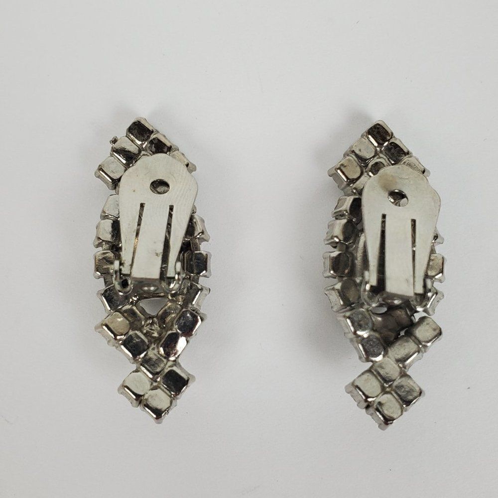 Vintage Clear Crystal Rhinestone Glass Statement Silver Tone Clip On Earrings - Picture 6 of 10